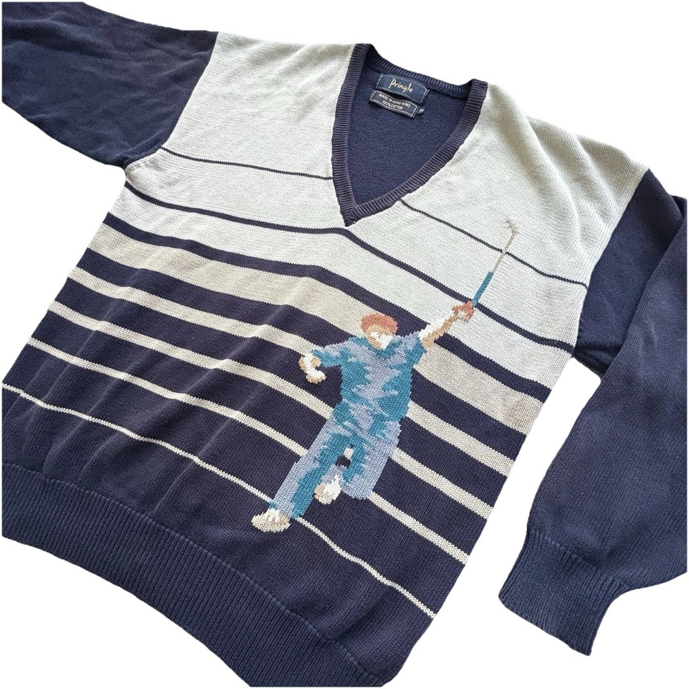 Vintage‎ Pringle Sweater Men's XL Blue V Neck Pullover Golf Swing Cotton